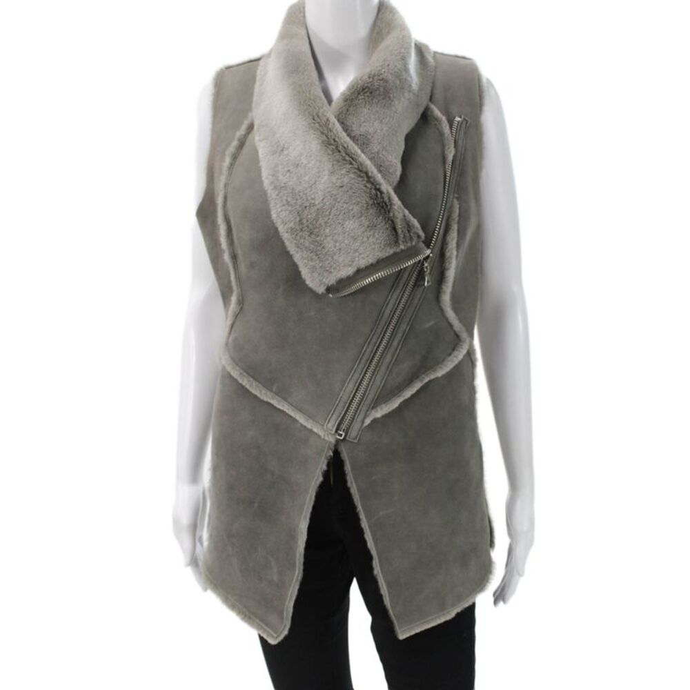 Kenna-T Womens Faux Fur High Neck Zip Sleeveless Gray Vest Size S
